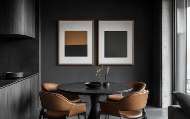 Dark gray wall with two wooden-framed art prints, complemented by a black round table and brown chairs