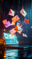 Aufkleber - Cutting-edge laptop is inundated with digital mail, illustrating the idea of email marketing and communication in a high-tech age