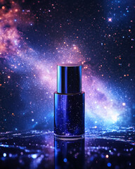 A blue bottle of serum sits on a reflective surface, with a galaxy of stars in the background