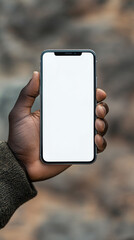 Poster - Man confidently showcasing a blank smartphone on a white background, ideal for custom digital content. Great for online business or modern gadget design