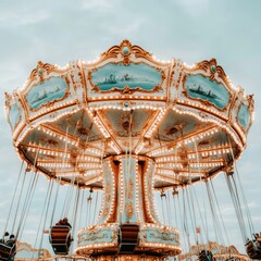 A vintage carousel with ornate details and lights against a cloudy sky.