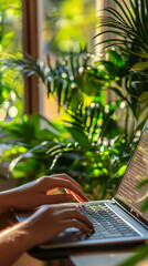 Poster - Programmer coding on laptop in a sunny home office with plants near the window