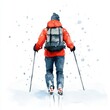 © PuiZera - A watercolor painting of a hiker walking on snow with hiking poles and a backpack.