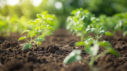 Wall Mural - Close-up view of young tomato plants growing in rich, brown soil. The lush green leaves are bathed in soft sunlight, symbolizing new life and growth.