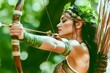 © Amonthep - Woman archer aiming with bow in a lush green forest setting