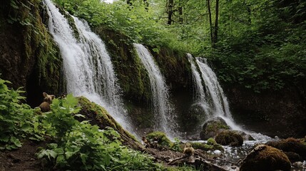  Lush greenery surrounds a cascading waterfall in a forest.