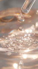 Poster - A clear liquid drop falls from a dropper into a pool of shimmering water