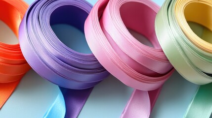 Poster - Colorful Rolls of Satin Ribbon on a Blue Background