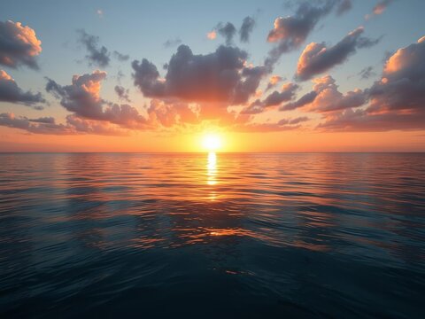 vibrant sunrise over calm ocean waters, casting a golden glow on the horizon, colorful, morning