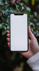 Poster - Woman is showing a smartphone with a blank white screen in front of a green bush
