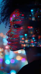 Poster - Profile of a woman merging with digital code data with colorful bokeh lights in the background