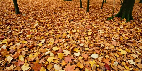 Vibrant mix of red, orange, and yellow fall leaves on forest floor, foliage, autumnal