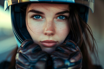 Wall Mural - Young woman wearing motor helmet and gloves.