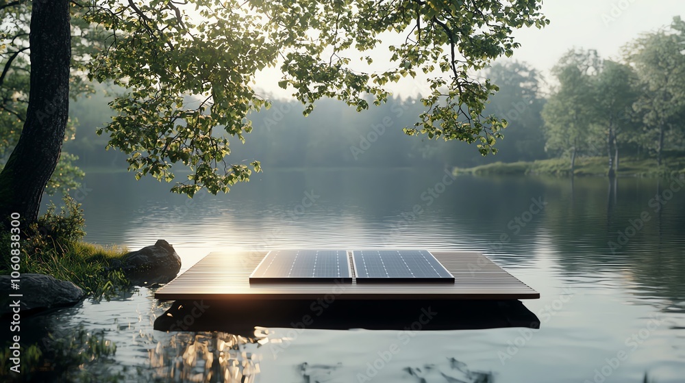 Floating solar panels on serene lake, netzero carbon goals, renewable ...
