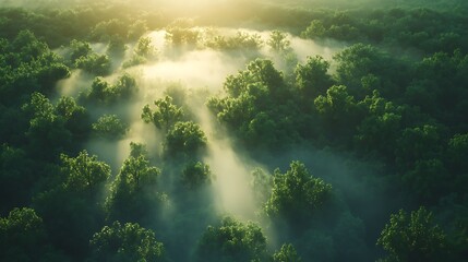  Bird’s-eye shot of a foggy forest canopy at dawn, dense mist rolling over treetops, sunlight creating a warm glow on the fog, ethereal and peaceful scene, vibrant greens contrasting with misty whites,