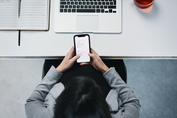 Aufkleber - Top view, woman and phone for finance report in office, screen and income statement for company. Female person, accountant and banking app for application form, professional and tax revenue site