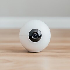 A white, round security camera sits on a wooden floor.