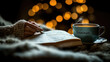 © sommersby - Enjoying a warm cup of tea labeled gratitude while writing in a journal, surrounded by soft textures and twinkling holiday lights