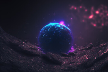 Poster - Alien sci-fi landscape with mountains on the sunrise. Science fiction scene of a distant planet.