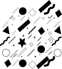 Memphis background. Retro background with black and white figures for poster or card. Abstract memphis background with geometric colorful figures for your design. Vector texture. Vector illustration