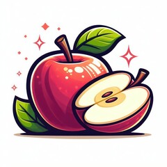 Fresh red apple with a slice and green leaf