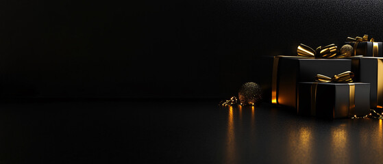 Black and Gold Gift Boxes with Christmas Lights on Black Background, Black and Gold Gift Boxes with Christmas Lights on Black Backgro