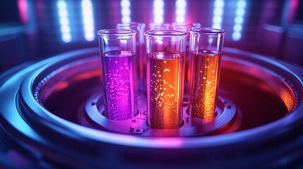 Centrifuge lid open with test tubes neatly arranged inside, vibrant liquids in each tube, bright lab lighting capturing the details and cleanliness of the setup, minimalistic lab background --ar 16:9