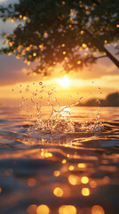 Poster - Golden hour sunset at the lake with splashing water and a blurred tree in the background