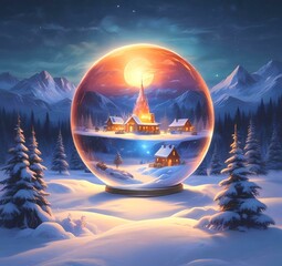 Illustration of Christmas ball decoration with winter snowy landscape and blue glowing inside.