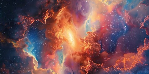 The vast cosmos in a surreal dreamscape, with nebulas and galaxies in vibrant hues of orange, blue, and red.