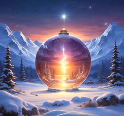 Illustration of Christmas ball decoration with winter snowy landscape and blue glowing inside.