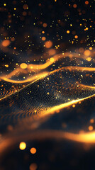 Poster - Golden particles flowing and glowing on a black background with a sense of depth