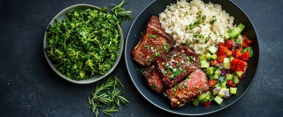 Gourmet roasted french lamb chops with rice and fresh vegetable salad for spring dining inspiration