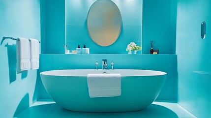 Modern turquoise bathroom interior with bath and self care products. architecture modern bathroom. Ultra realistic. Photorealistic hypermaximalist advertising photography hyper realistic fine detail