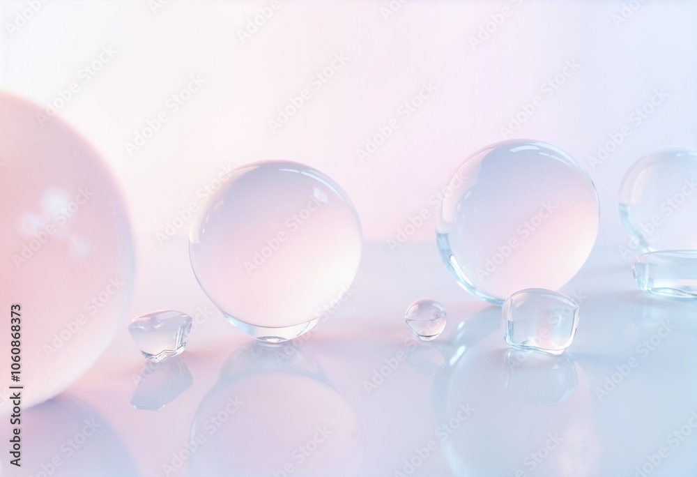 Colorful glass spheres scattered on a reflective surface with gentle ...