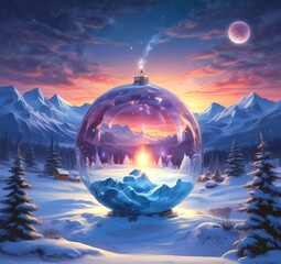 Illustration of Christmas ball decoration with winter snowy landscape and blue glowing inside.