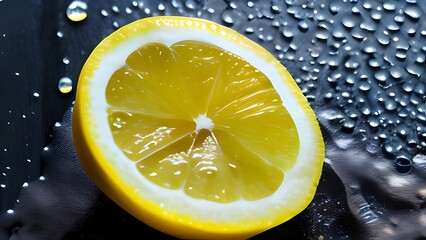 Fresh Lemon Slice Water Droplets Close-Up Bright Yellow Colorful Natural