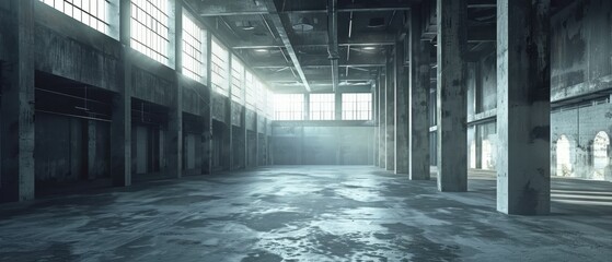 Old empty warehouse with light coming through the windows.