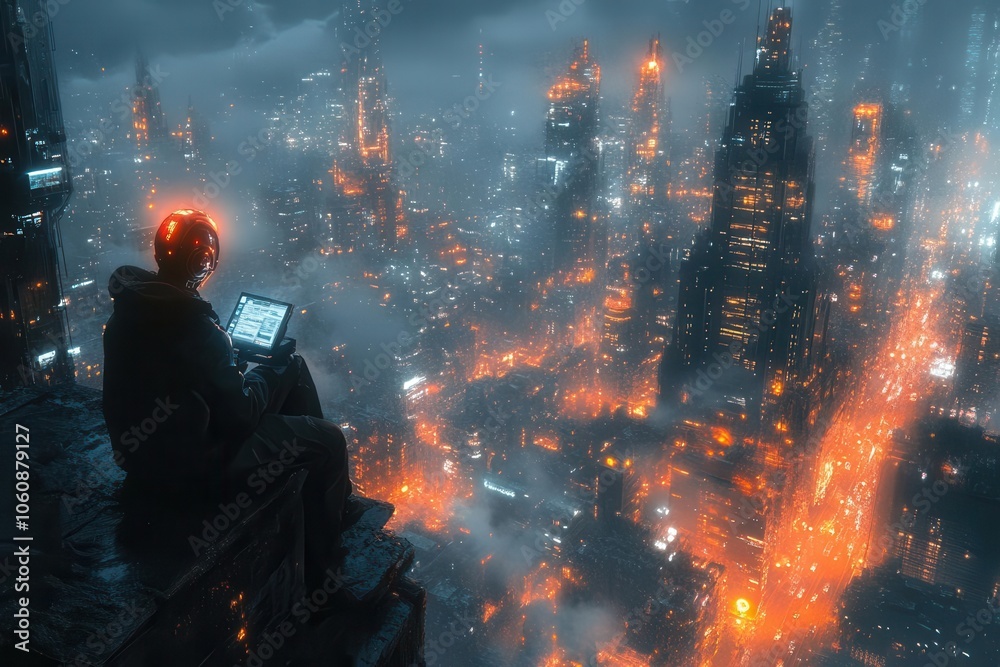 futuristic ai gazes over a sprawling smart city analyzing data traffic ...