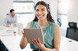 © peopleimages.com - Office, meeting and portrait of woman with tablet for schedule, report or research for business plan. Online agenda, ideas and businesswoman in conference room with digital app for project management