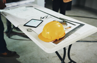 Poster - Architect, tools and tablet with blueprint of construction worker, builder and engineering floor plan. Helmet, industrial and engineer notes for contractor and property development with stationary