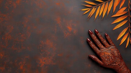 Canvas Print - A decorative hand adorned with intricate henna patterns, resting on a textured surface with autumn leaves for a warm ambiance.