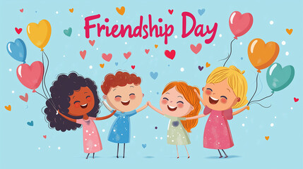 A group of diverse cartoon children celebrating Friendship Day, holding heart-shaped balloons and happily holding hands on a light blue background with 