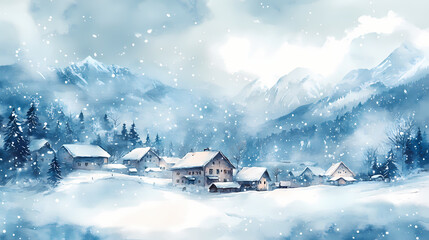 Wall Mural - Christmas xmas winter wonderland cozy warm festive landscape snowy mountains houses village festive watercolor card illustration design snow stars blue neutral happy. Snowy Village. Illustration