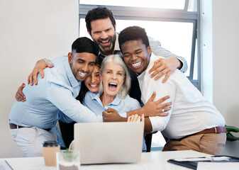 Leinwandbilder - Business people, celebration and hug by laptop with stock market growth, success and excited from win. Deal, trading and finance investment with profit, promotion and good news with tech and teamwork