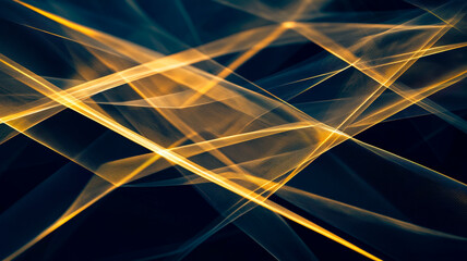 Abstract background with golden and blue light rays. Intersecting glowing energy streams with transparent effect on dark background. Luminous laser texture. Digital technology concept