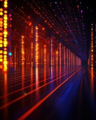 Poster - Vibrant digital landscape with colored lights and glowing lines creating depth.