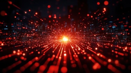 Poster - Abstract digital art with red glowing particles and light beams in a dark background.