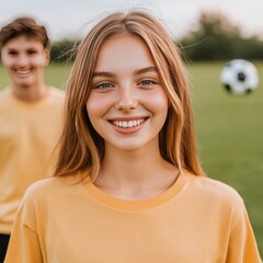 A young woman in a yellow t-shirt smiles happily as she stands on a soccer field. A soccer ball and a young man in the background suggest a fun game ahead.