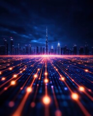 Poster - Futuristic city skyline with glowing lines and vibrant colors, night scene